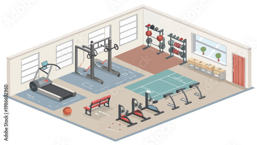 Isometric illustration of a fully equipped gym interior with various exercise equipment and sports facilities