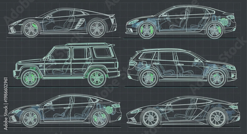 Collection of vehicle blueprints and technical drawings.