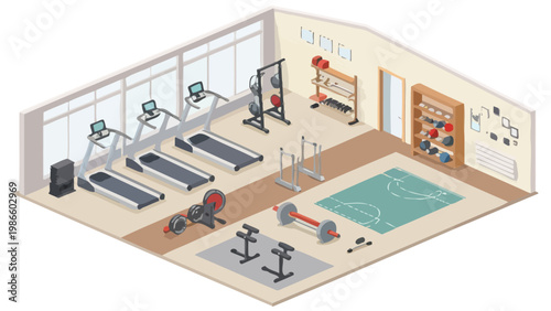 Isometric view of a fully equipped gym interior with treadmills free weights exercise bikes and sports floor