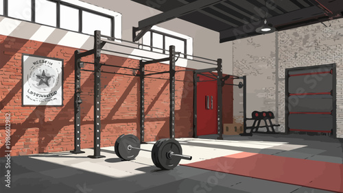Industrial style gym interior with exposed brick walls pull up bars weights and red flooring modern workout space