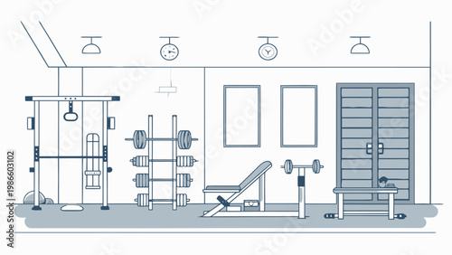 Minimalist gym interior with essential workout equipment and empty room for fitness