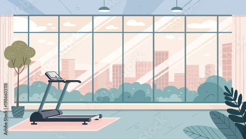 Modern gym interior with panoramic window view of cityscape and treadmill