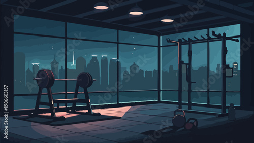 Modern gym interior with city skyline at night workout equipment and urban view through large windows dark atmosphere