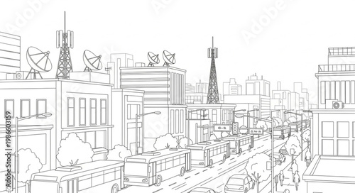 Cityscape sketch with buildings and communication towers.