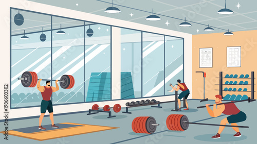 Professional bodybuilders lifting heavy weights in a modern gym interior with large windows and equipment