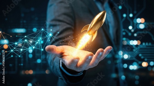 rocket, layout, laptop, screen, digital, illustration, up, flat, start, business, innovation, projectile, promoting with screen, rocket, layout