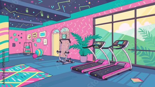 Retro 80s gym interior with colorful exercise machines treadmills and vibrant decor neon lights pink walls blue floor large window with tropical view