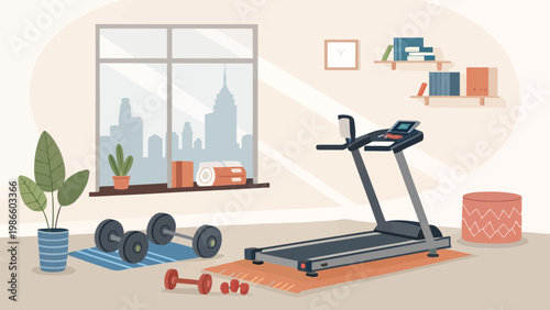 Home gym corner with foldable treadmill dumbbells and yoga mat in small apartment