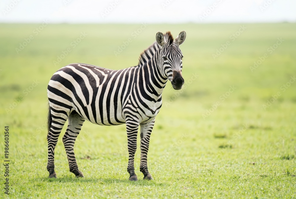 Fototapeta premium Adult zebra standing calmly on a vibrant green grassy plain