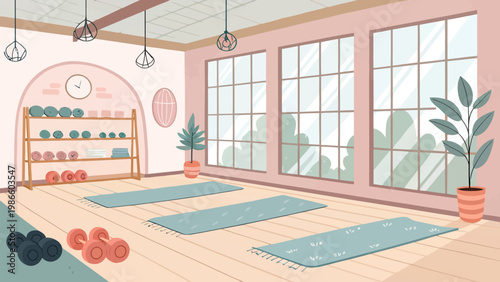 Soft pink women focused fitness studio interior with yoga mats dumbbells and plants near large windows serene atmosphere for meditation and exercise