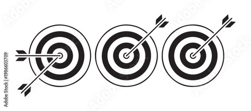 Three target dartboards with arrows showing bullseye hit and off-target shots symbolizing accuracy and mistakes.