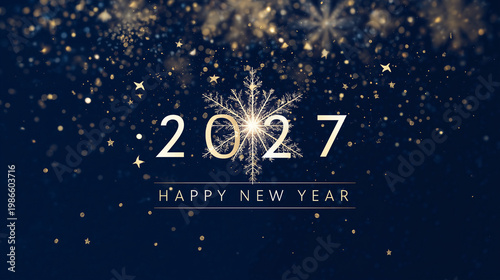 2027 New Year Celebration Greeting Card with Gold Snowflakes, Stars and Confetti on Navy Background