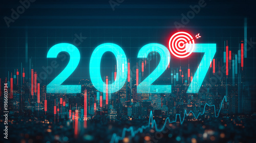 2027 Business Growth Concept with Target Icon and Stock Chart Overlay on Night City Skyline in Asia