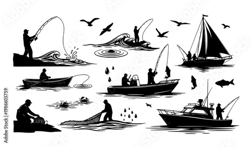 Fishing Man Silhouette Collection Boat Waves Vector