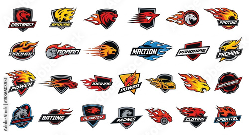 Collection of Sport Emblems with Flames and Speed Effects.