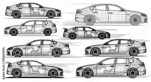 Collection of Hand Drawn Sketch Style Cars in Motion.
