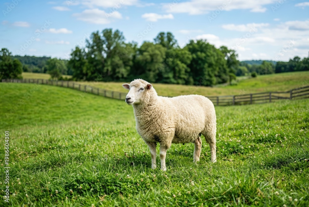 Fototapeta premium White sheep standing in a vibrant green grassy pasture