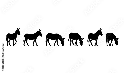 Donkey silhouette vector set with varied postures and angles for logo and icon design