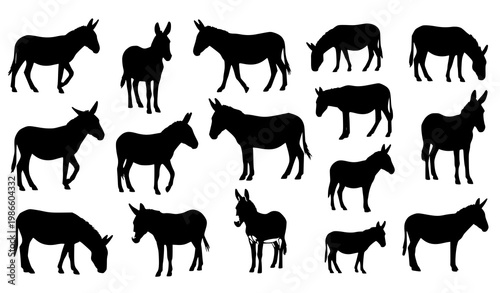 Black donkey silhouette collection with multiple poses and angles for farm and rural design