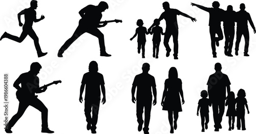 Black Silhouettes of People Running, Playing, and Standing on White Background