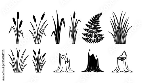 Minimal swamp silhouette icons vector reeds grass ferns wetland nature collection
