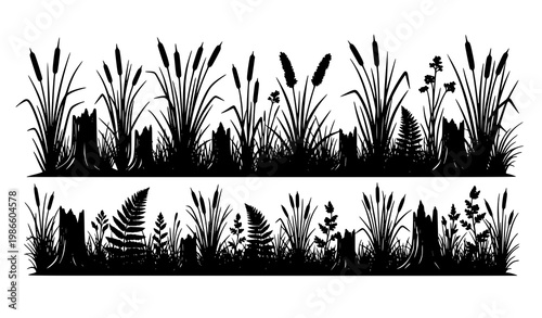 Swamp plants silhouette vector reeds grass ferns stumps river bank nature set