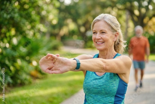 Happy senior caucasian woman stretching arms outdoors for gentle exercise