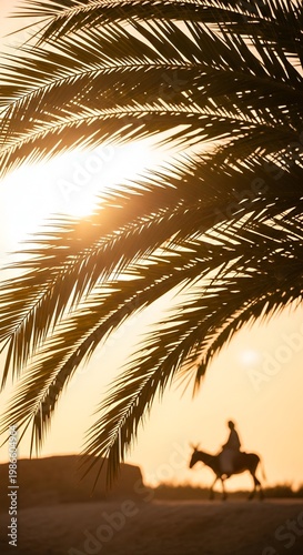 Silhouette of a person riding a horse under a palm tree at sunset.