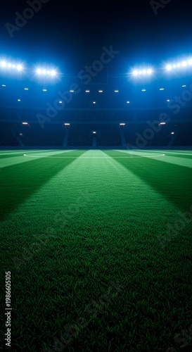Vast Green Football Field Illuminated by Bright Stadium Lights.