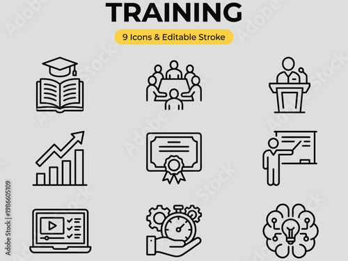 Nine line icons related to business training and education with editable stroke on gray background