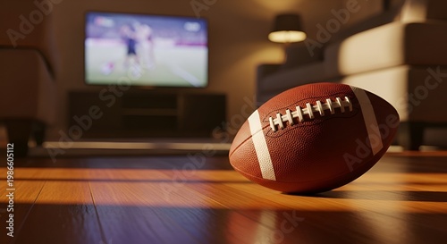 American Football on Table with Blurred TV Screen in Background.