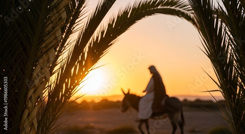 Biblical Scene - Man Riding Donkey Through Palm Trees at Sunset.
