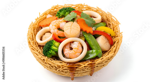 Shrimp and vegetable basket food.