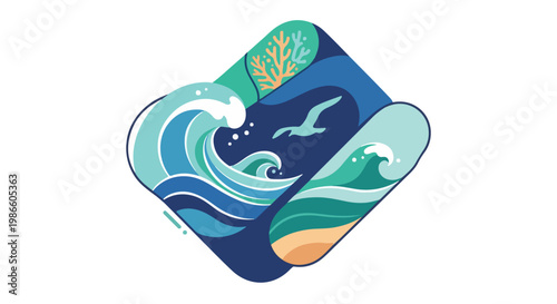 A stylized ocean scene with waves and sea life