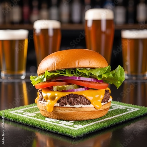 Delicious Cheeseburger with Melted Cheese and Fresh Toppings Served with Beer.
