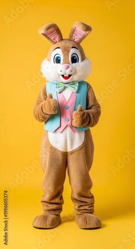 Easter Bunny Mascot Giving Thumbs Up on Yellow Background.