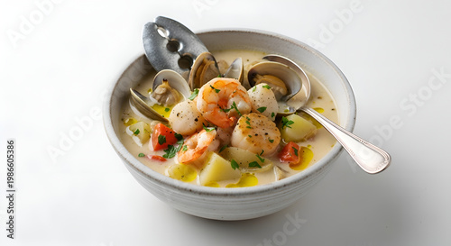 Delicious seafood soup in bowl.