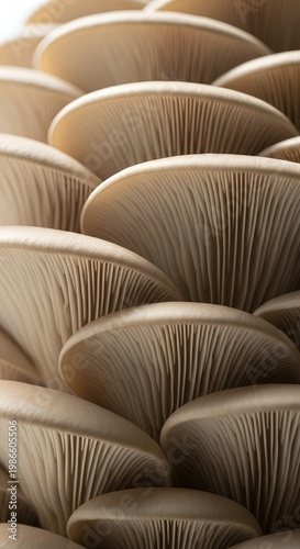 Detailed close up view of fresh grey oyster mushrooms growing in a cluster.