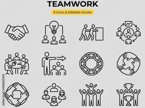 Teamwork and collaboration icons set for business and social connections  symbols of partnership and unity