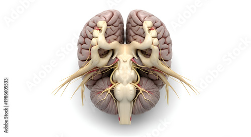 Human brain anatomy with nerves and brainstem.