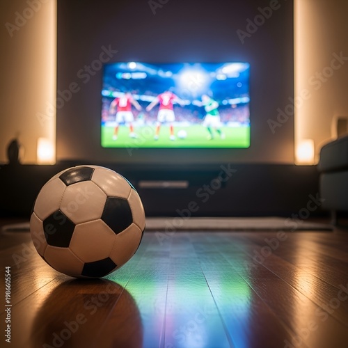 Soccer ball on floor with football match on TV in background.