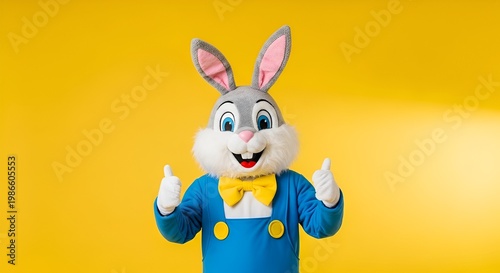 Easter Bunny Mascot Costume Giving Thumbs Up on Yellow Background.