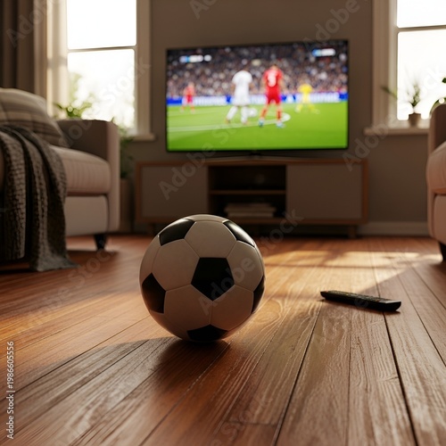 Soccer ball on wooden floor in front of television showing a match.