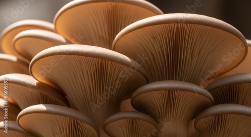 Cluster of fresh wild oyster mushrooms growing on a tree log in the forest.