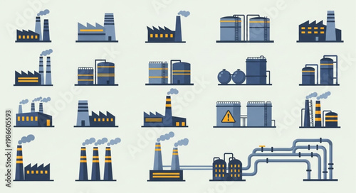 Collection of industrial factory buildings and structures.