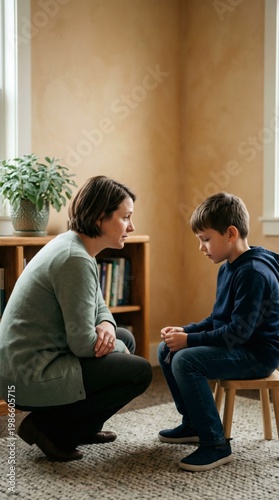 Compassionate female therapist talking to sad young boy for mental health support and child psychology concept