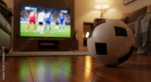 Soccer ball on living room floor.
