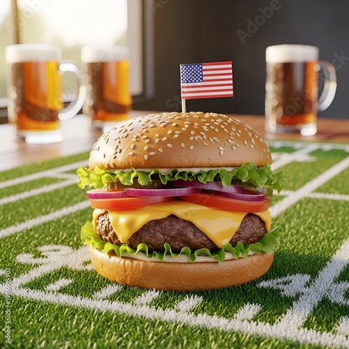 Delicious American Cheeseburger with Beer on Football Field.