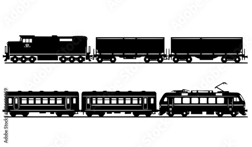 set of train Freight and passenger train silhouettes diesel and electric locomotive railway transport vector black icons