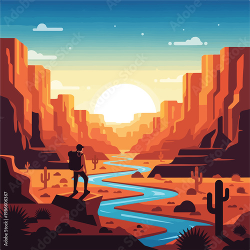 A person stands by a winding river in a desert canyon landscape